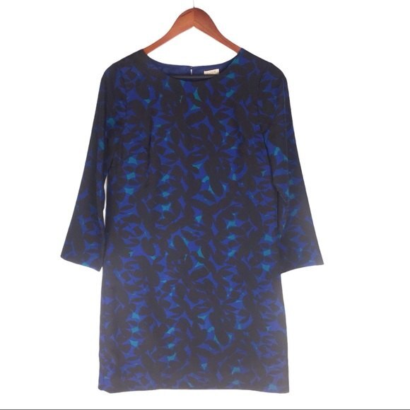 J. Crew Blue & Black Printed Three Quarter Sleeve Gallery Shift Mini Dress - Picture 3 of 11